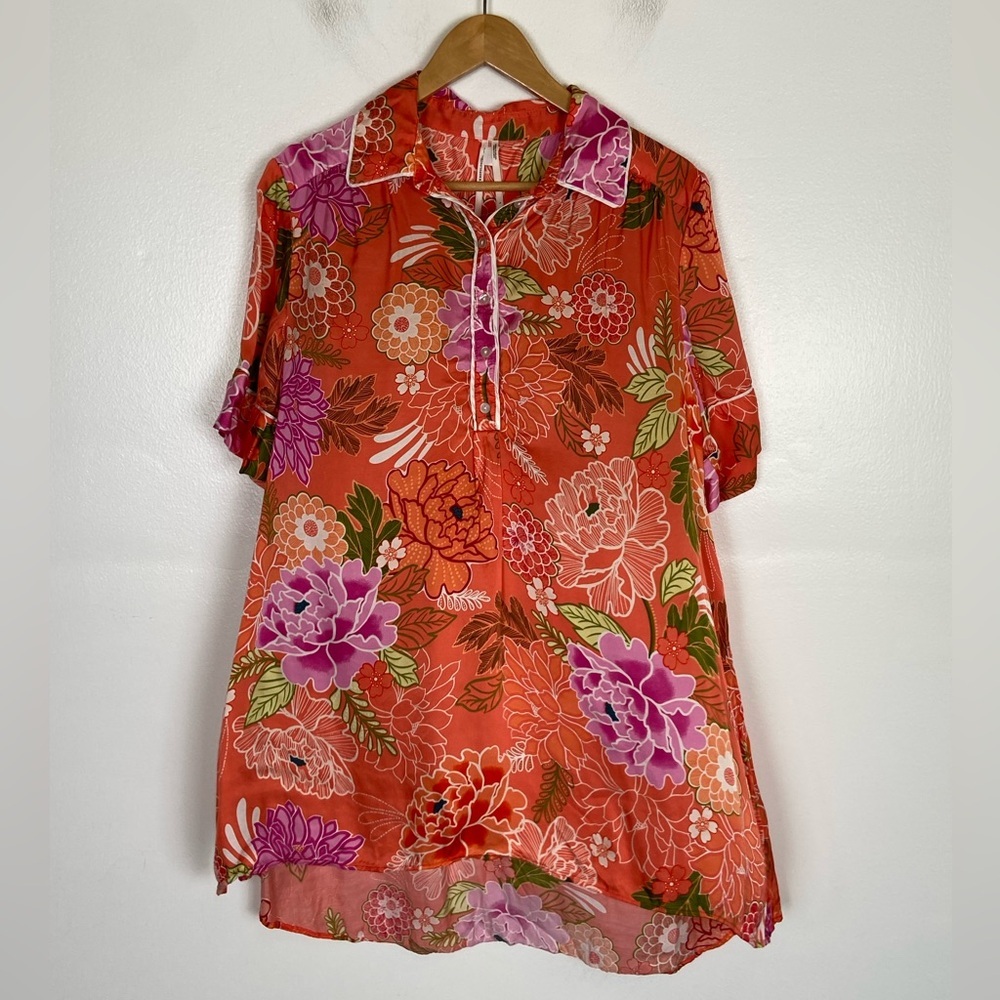 Anthropologie Satin Tropical Floral Tunic Top L Orange High Low Resort Cruise
